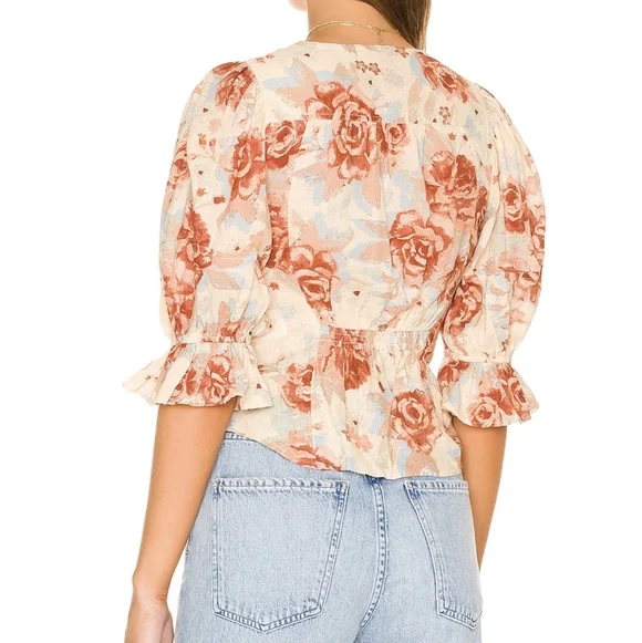 Free People Top Blouse Short Sleeve Deep V-Neck Floral Print Linen Ivory L NWT - Picture 8 of 16